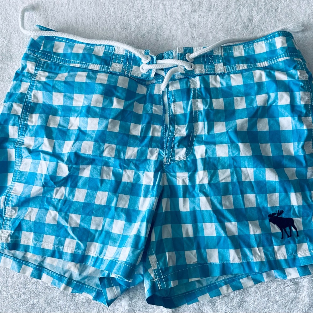 Preowned Abercrombie & Fitch Men’s Swimming Trunks Plaid White Logo Sz L, XL